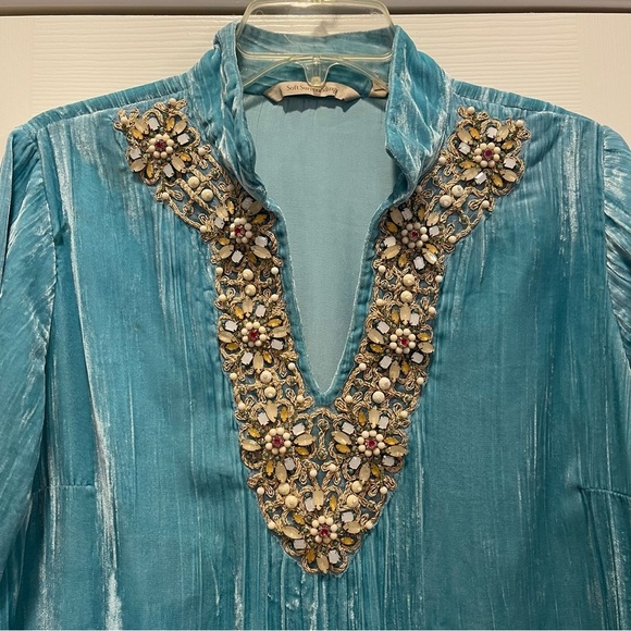 Soft Surroundings Tunic Blouse Women's Sz Med Teal Velvet Embellished Bohemian - Picture 3 of 11